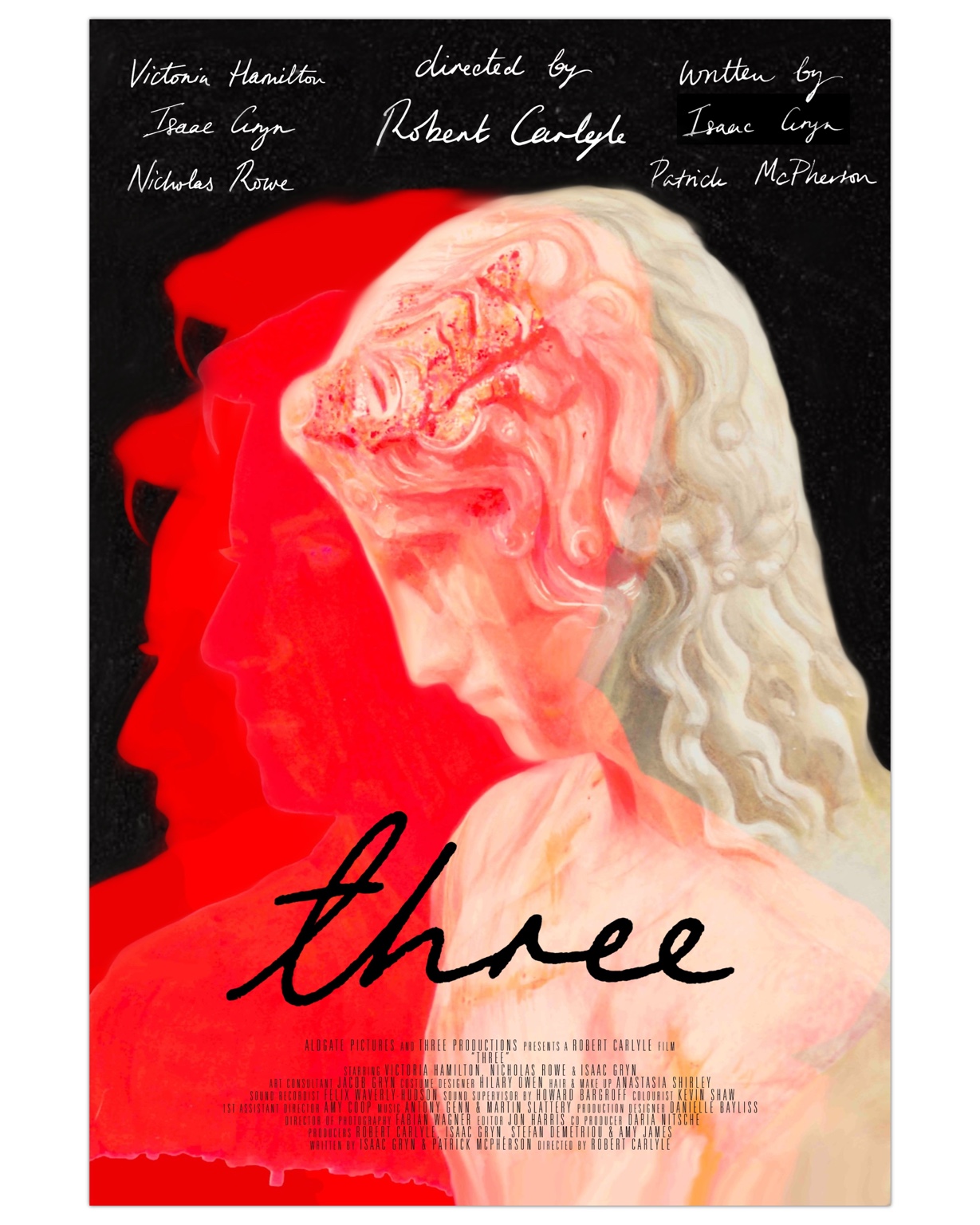 Poster artwork by Caitlin Stone for three, featuring three overlapping profiles and a classical bust in red, pink and black